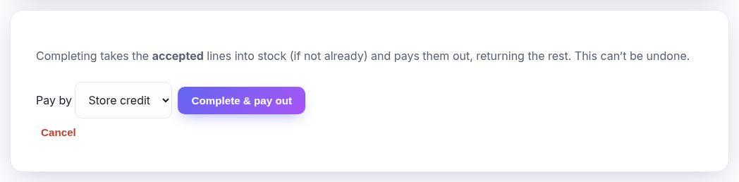 The payout panel: a Pay by picker, a till session picker, and the Complete and pay out button