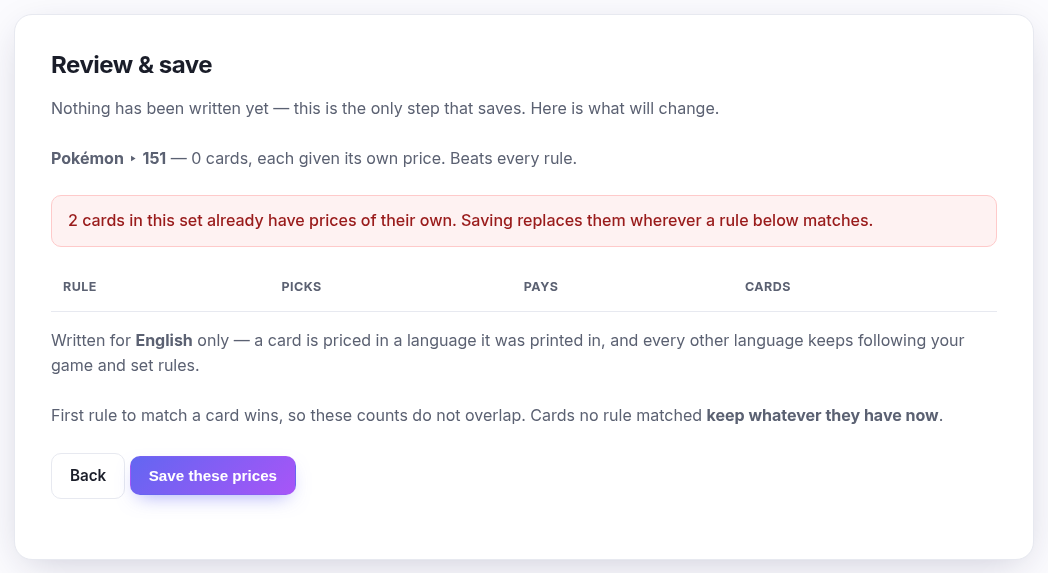 The review step for a card run: one row per rule showing what it picks, what it pays and how many cards it claims