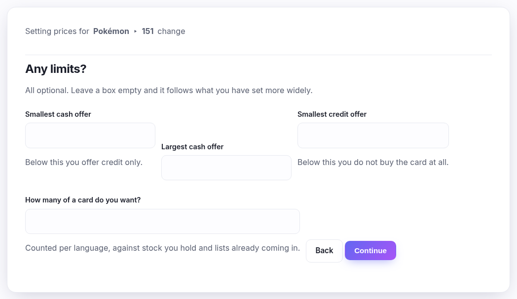 The limits step: smallest and largest cash offer, smallest credit offer, and how many of a card you want
