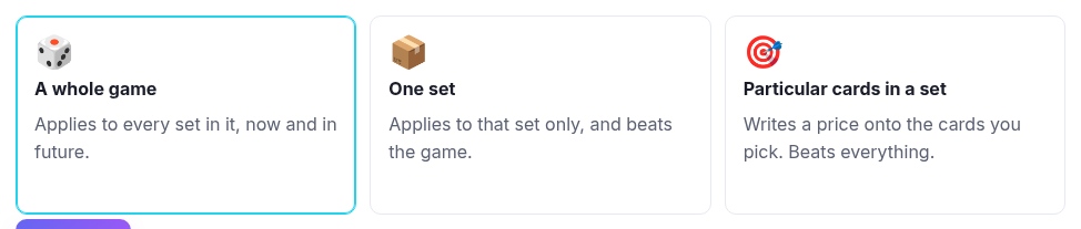 The three modes: a whole game, one set, or particular cards in a set