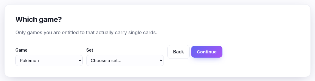 The same step in set mode, with a Set drop-down added below the game