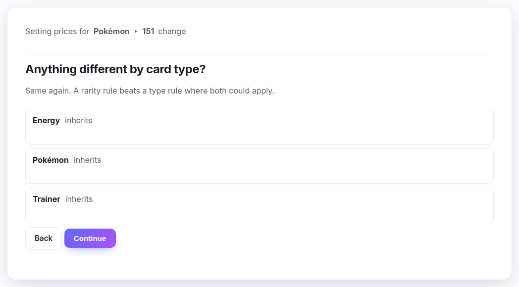 The card type step, laid out exactly like the rarity step: one closed row per type