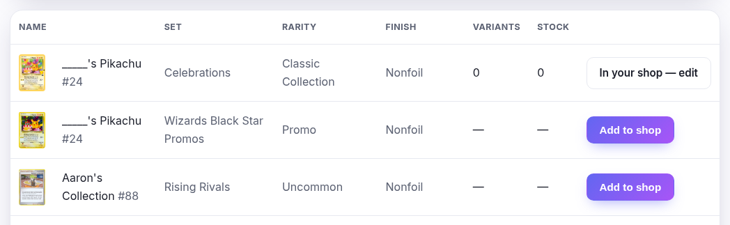 The Singles tab: game, set, search and Show over a table of printings