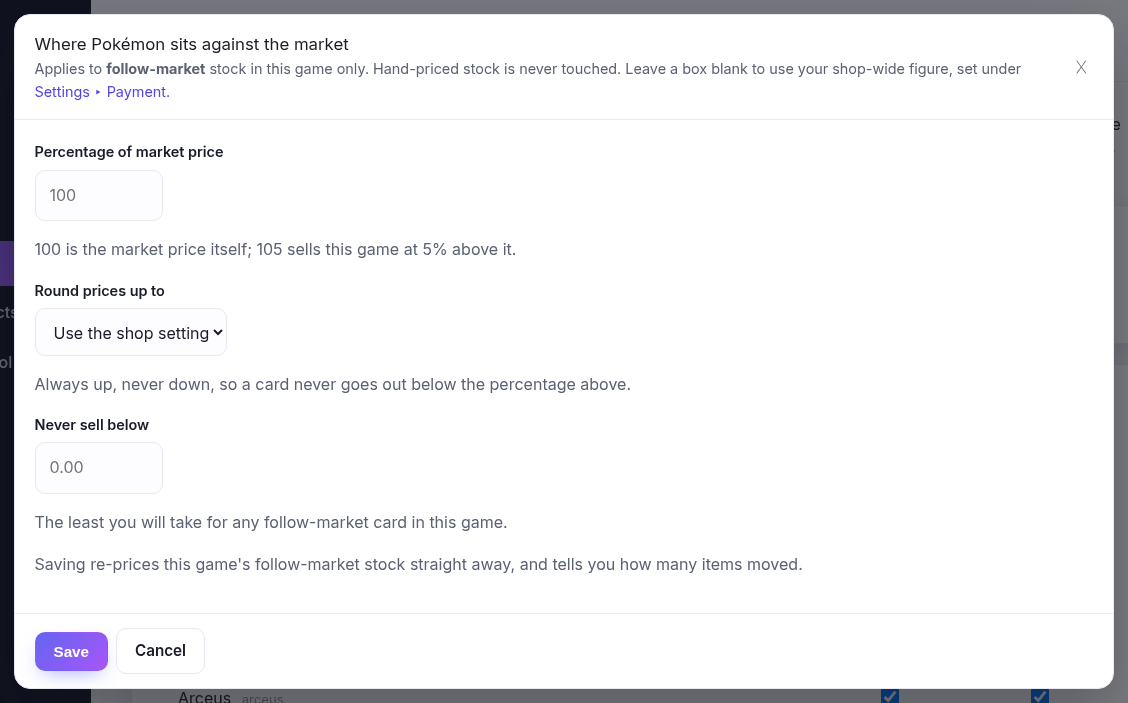 The market pricing modal: percentage of market price, round up to, and never sell below, for this game