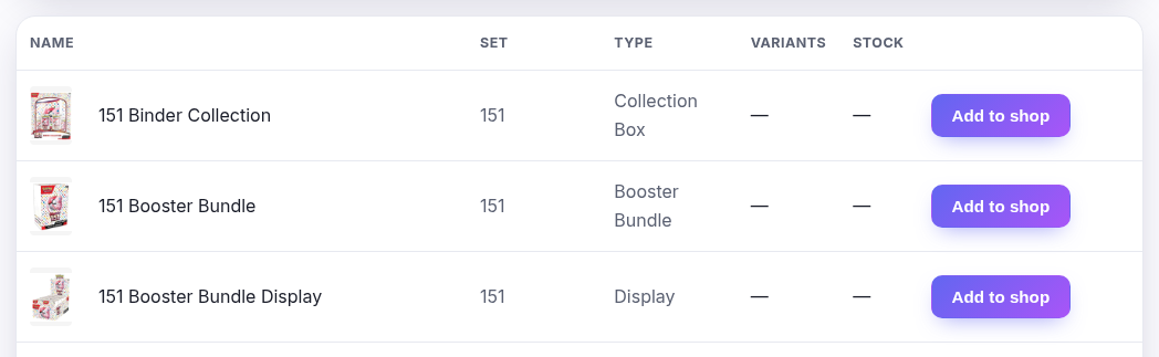 The sealed catalogue: each row a box with its set, its type and an Add to shop button