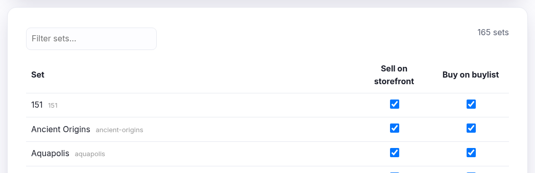 The sets table: a Sell switch, a Buy checkbox per language, and a market % per language