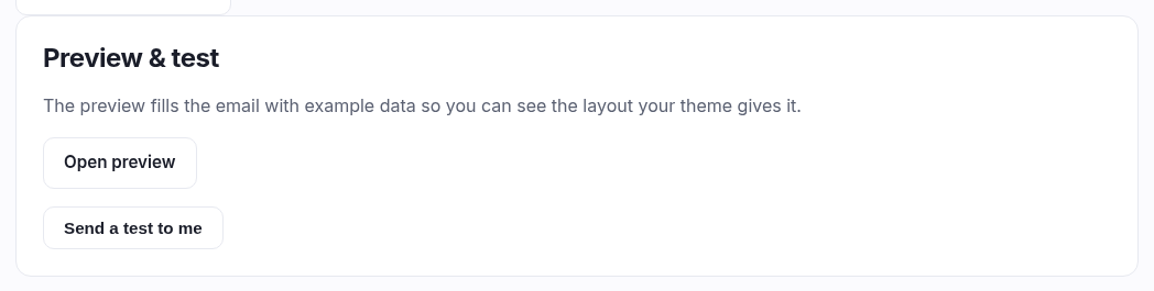 The Preview and test panel: an Open preview link and a Send a test to me button