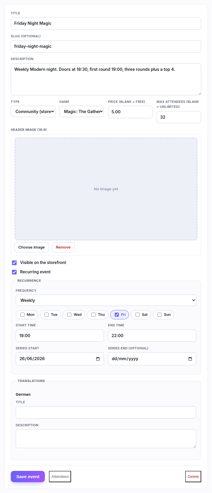 The events editor showing every field for a recurring weekly event