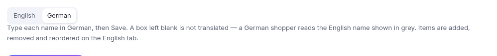 The language tabs above the menu bar, with the note explaining what a language tab may change