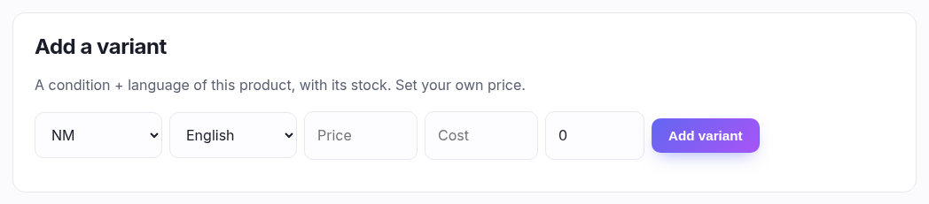 The add-variant row: condition, language, price, cost, stock and Follow market