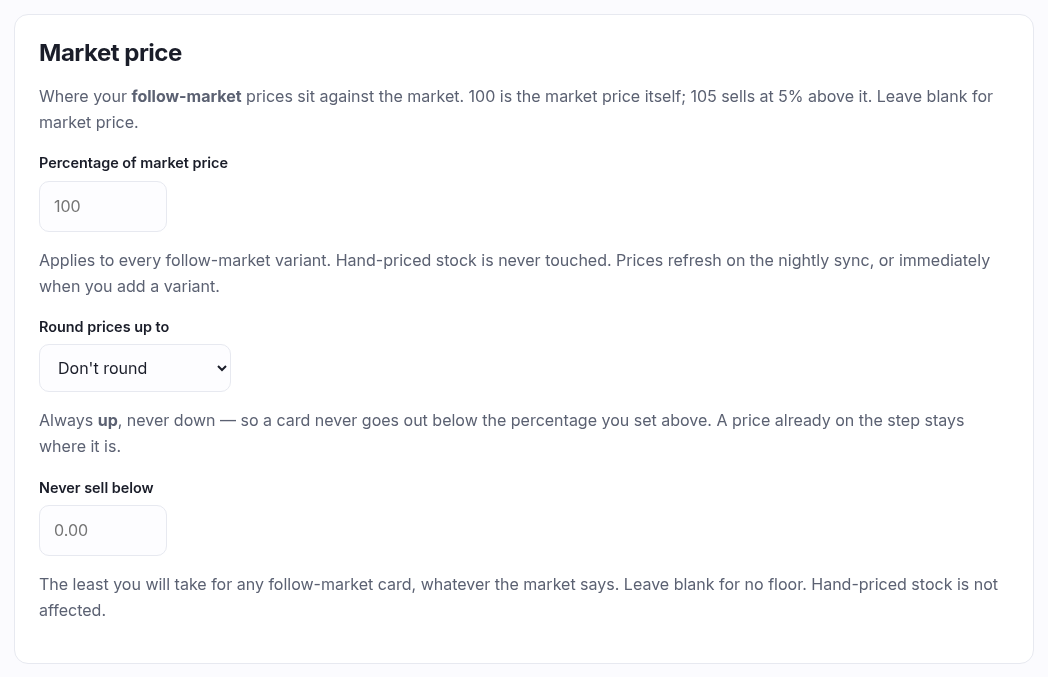 The Market price panel: percentage of market price, round prices up to, and never sell below