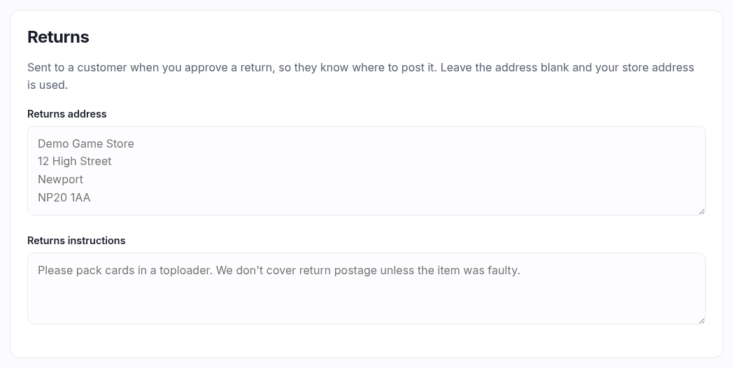 The Returns panel: a returns address and a returns instructions box