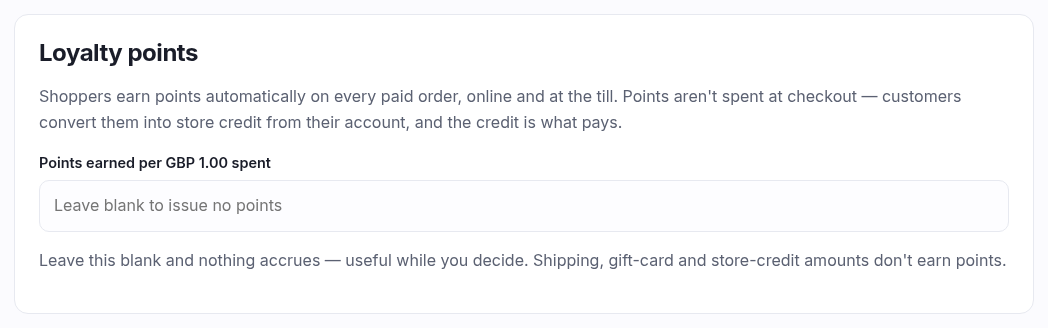The Rewards panel: points earned per unit spent, the points and credit per block, and the minimum before converting