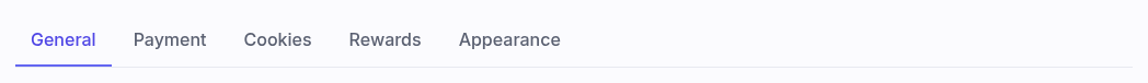 The settings tab bar: General, Payment, Cookies, Rewards, Appearance